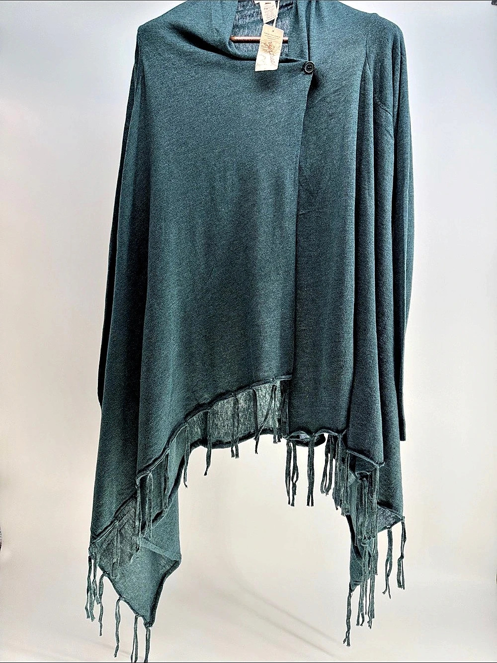 Mystree Fringe cape top in heather/teal NWT